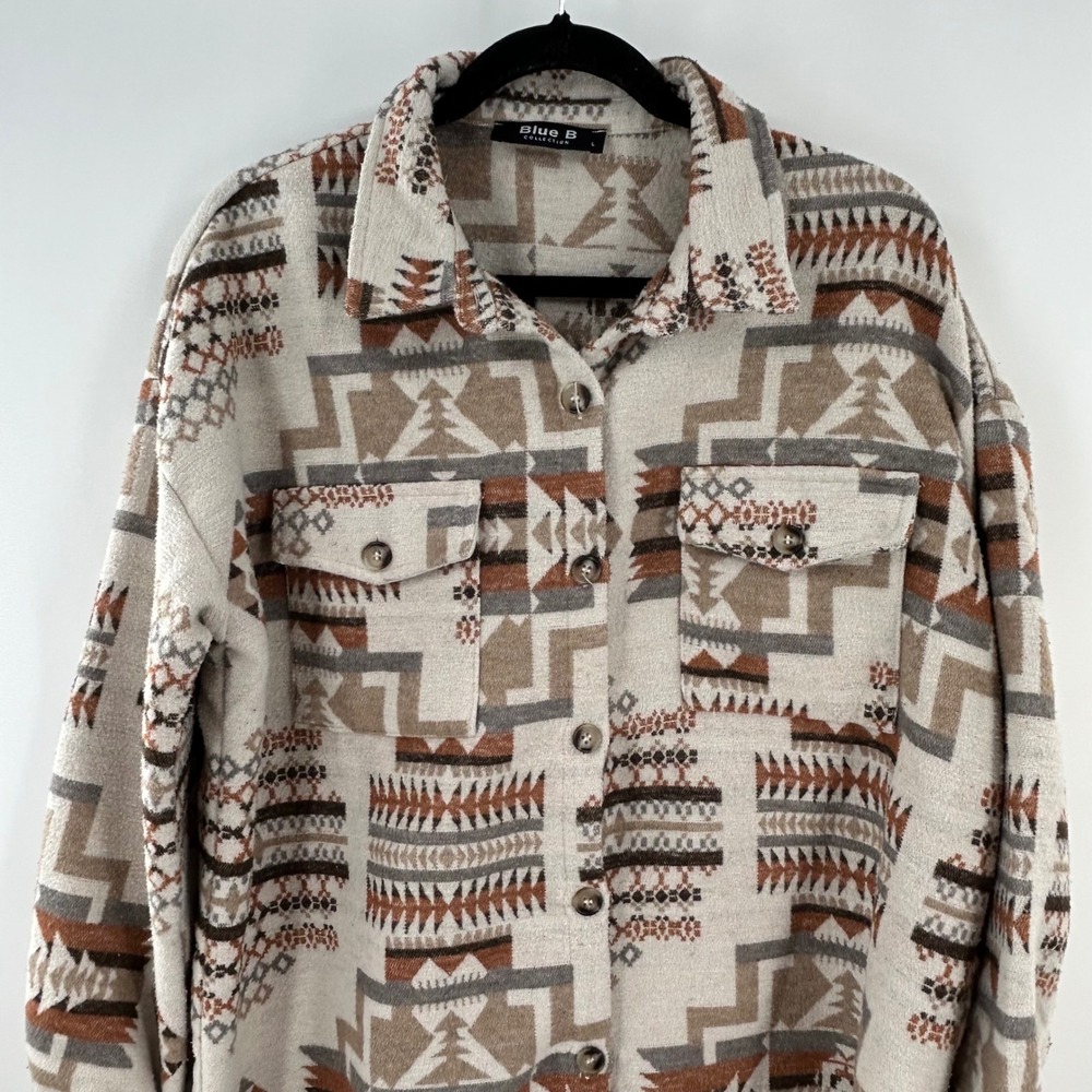 Blue B Collection Aztec Shacket Large Neutral Southwestern Frayed Hem Jacket